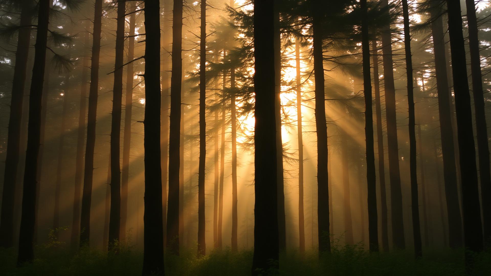 Golden morning light through a deep forest